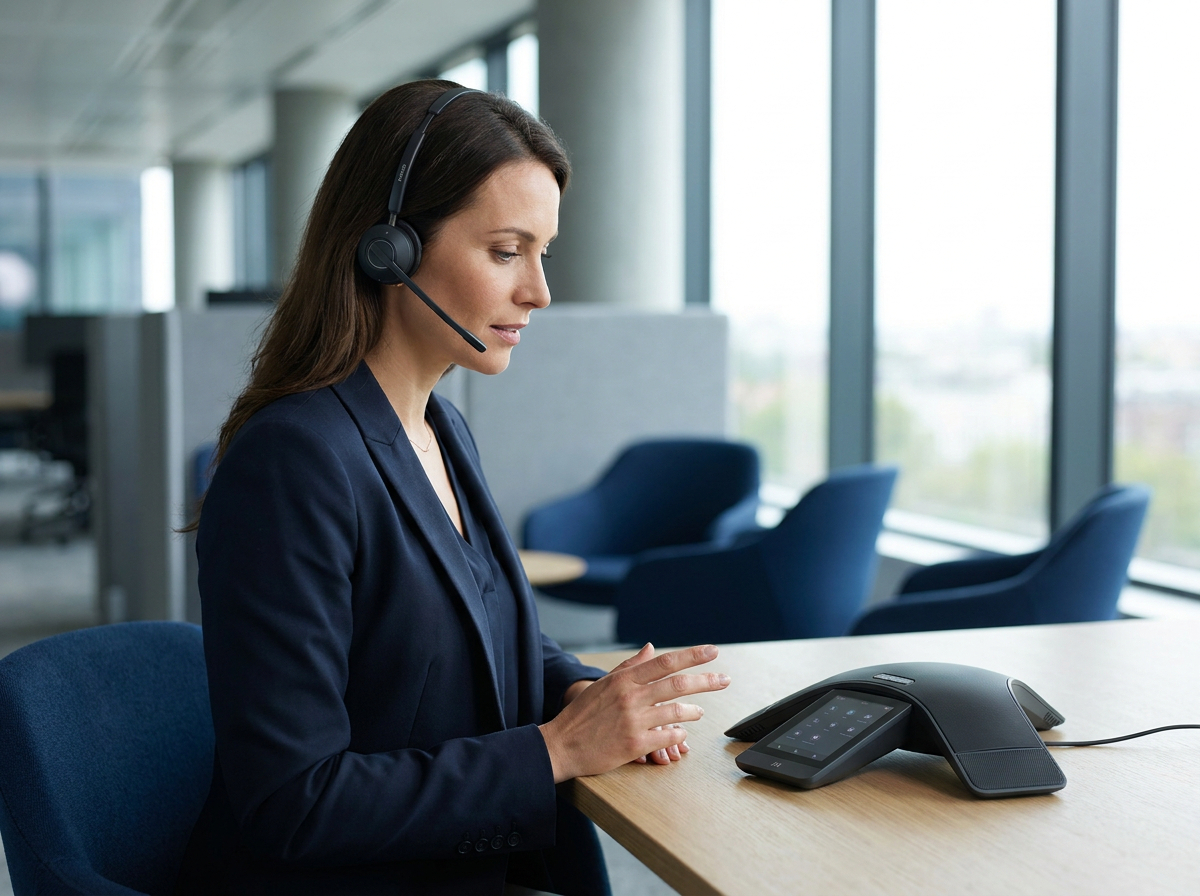 Modern VoIP business desk phone and headset