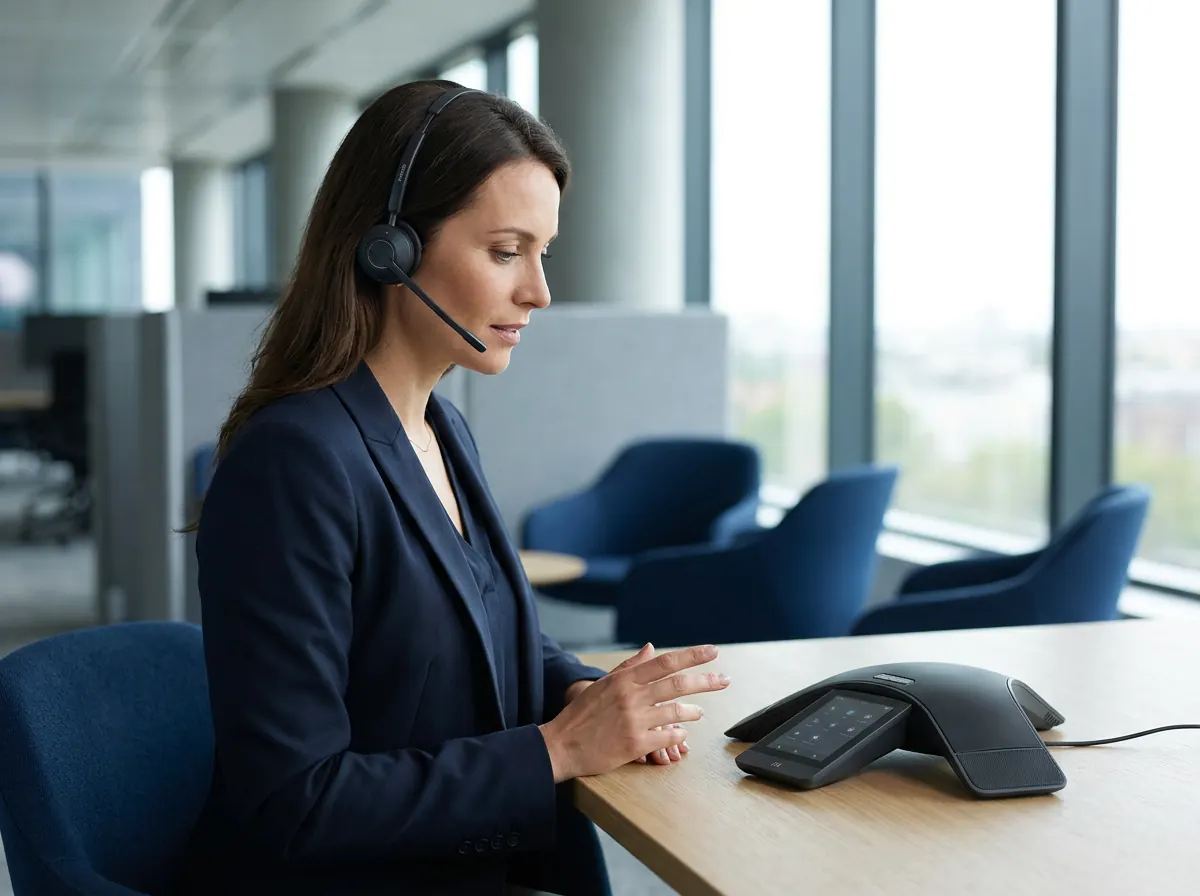 Modern VoIP business desk phone and headset