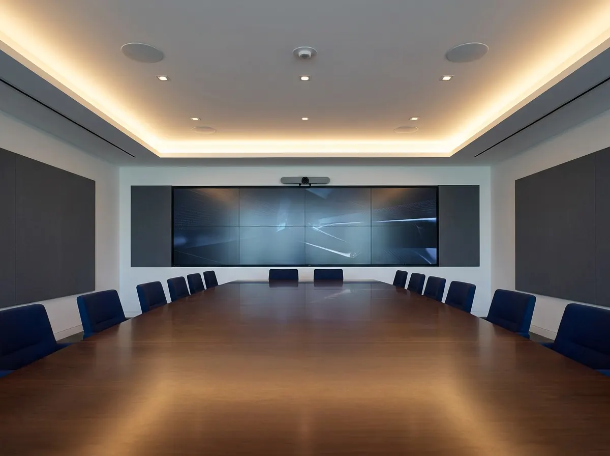 Conference room with a large display and integrated audio