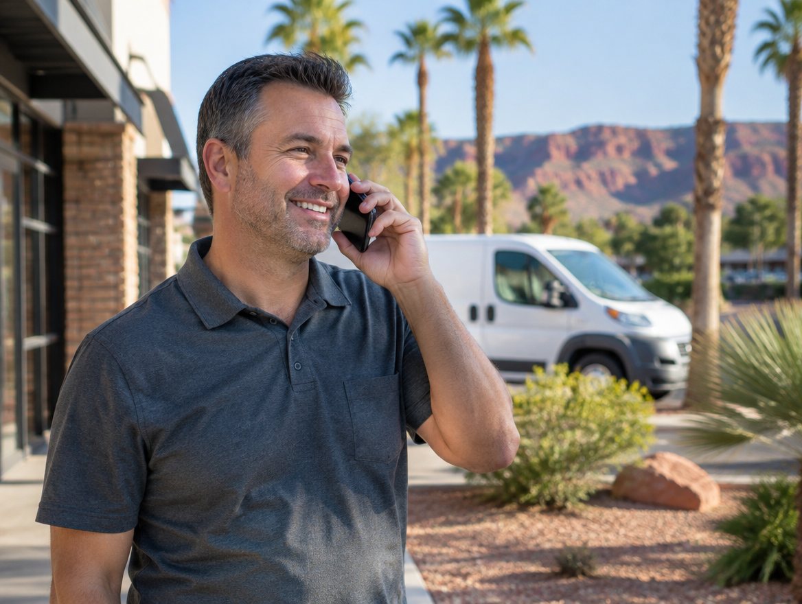 Southern Nevada small business owner taking a call outside his shop