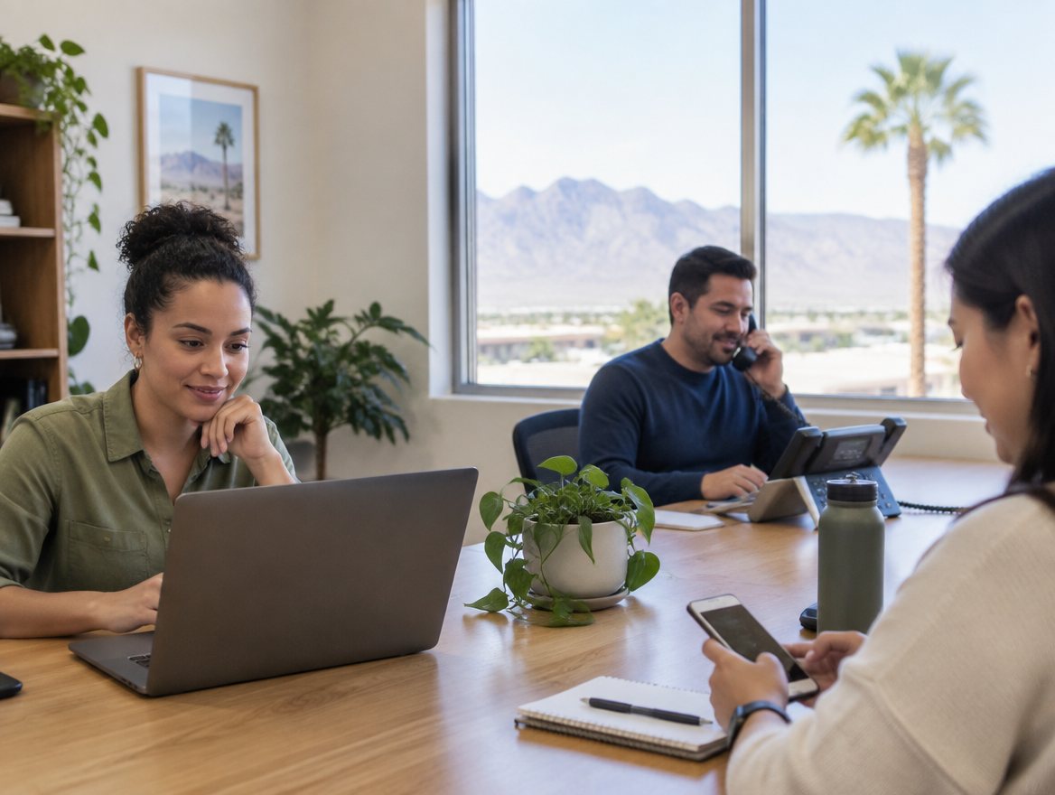 Small Las Vegas office team on calls and video meetings