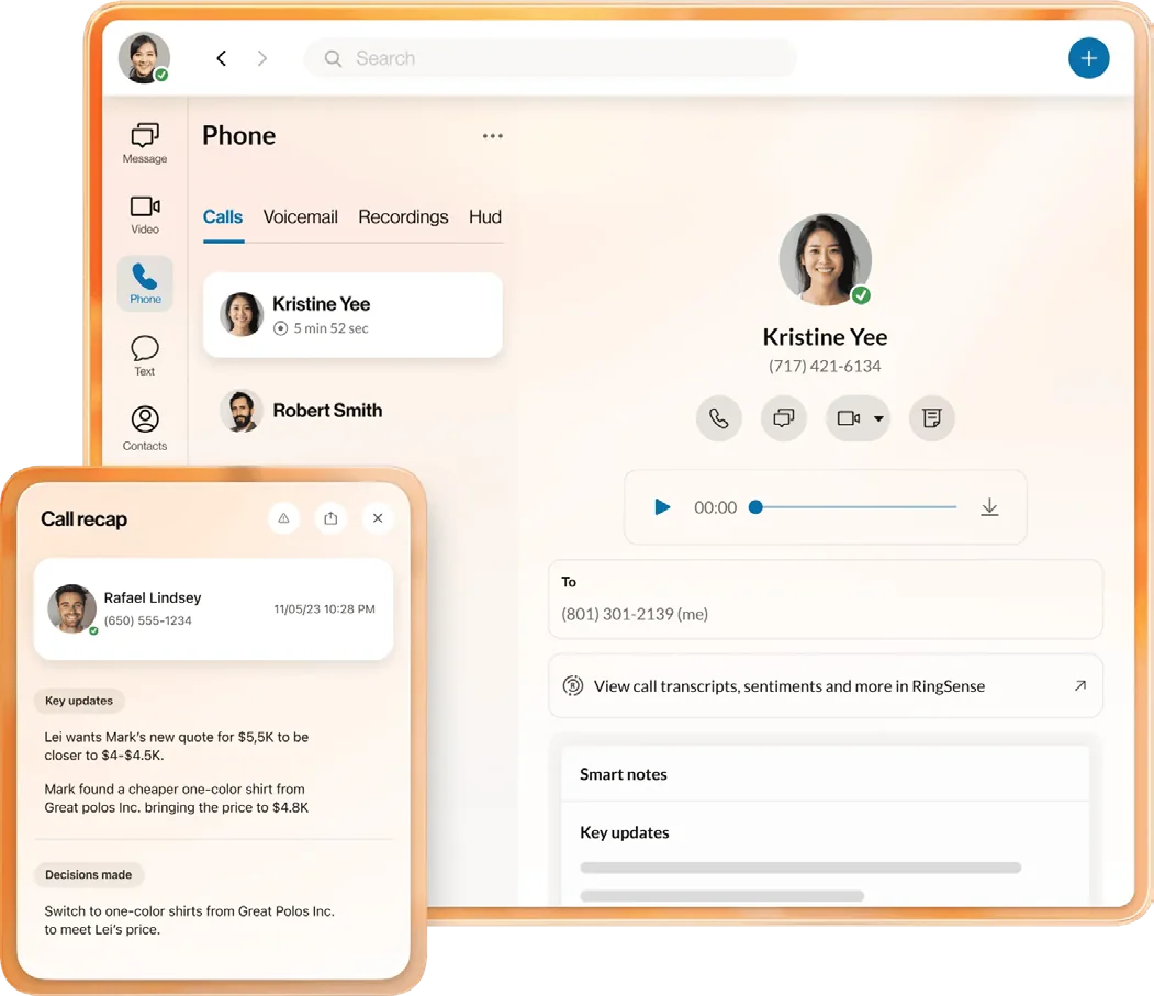RingEX app showing calls, voicemail and an AI call recap
