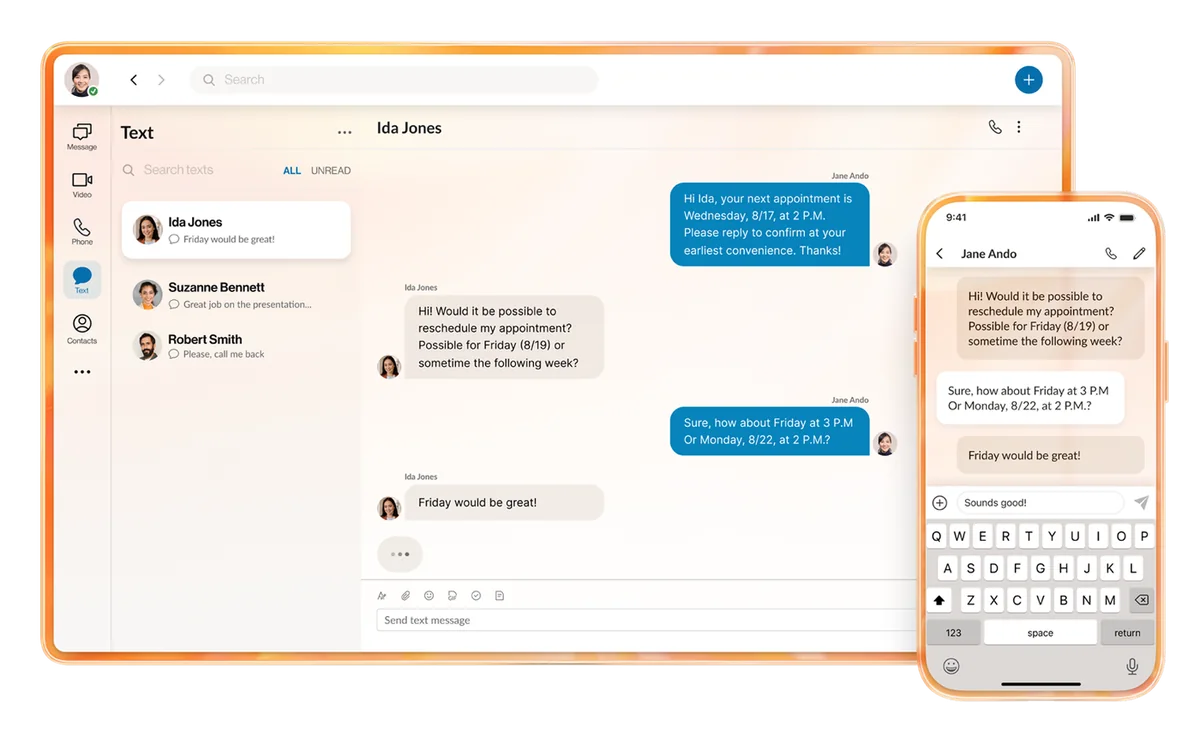RingEX desktop and mobile apps showing a customer text conversation